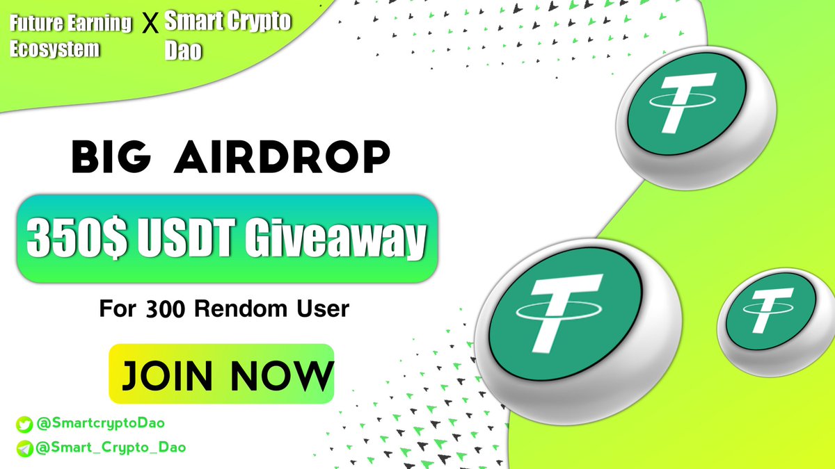 🥳 Future Earning Ecosystem X Smart Crypto Dao Massive #Airdrop 

🏆 Prize Pool:- 350 $USDT 
  300 Rendom User &amp; Top 10 Users Get 10 USDT

1️⃣ Follow <a href="/Future_Earning7/">Future Earning ll Ecosystem</a>  &amp; <a href="/Smartcryptodao/">Smart Crypto Dao 🌐</a> 
2️⃣ Like, RT &amp; Tag 3 Friends
3️⃣ Finish #Gleam ⤵️
gleam.io/c6oUB/big-aird…

Ends 20 ⏰

#Giveaway