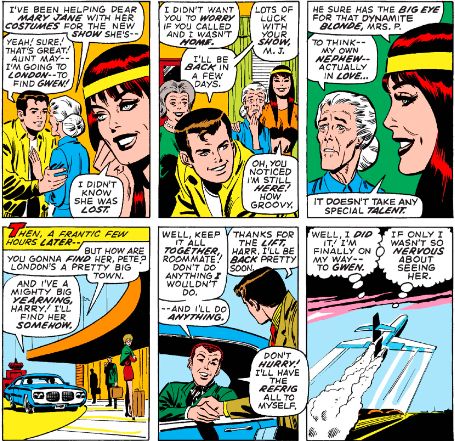 MarvelADay's tweet image. #MarvelADay #ASM95 Before jetting to London, we get a quick visit with some supporting cast members. Seeing how MJ behaves over the next few issues, I'm kind of surprised at her observation in the third panel, but we're getting ahead of ourselves... - VA