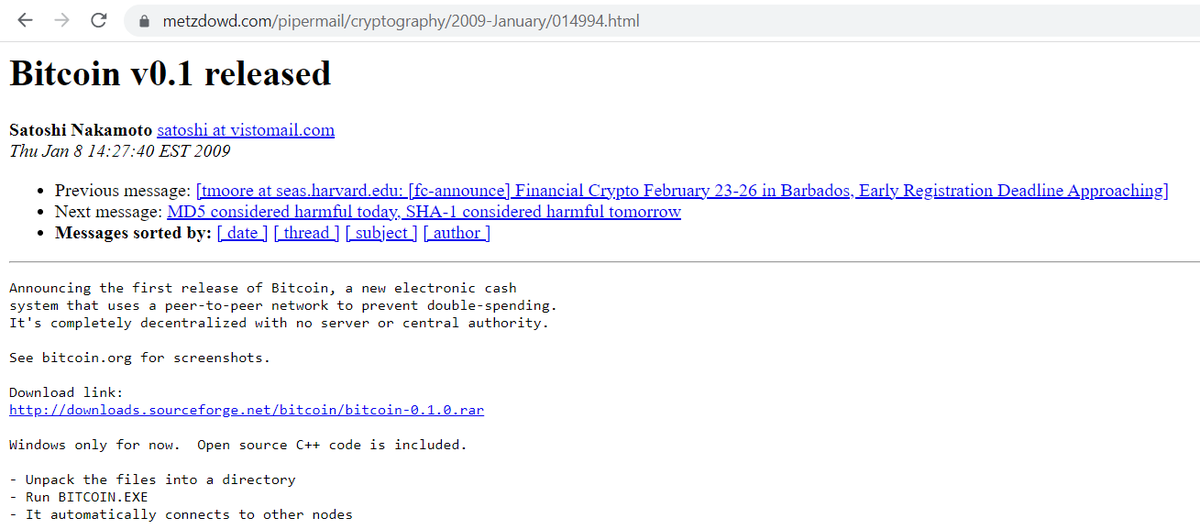 criptobastardo's tweet photo. Un día como hoy, pero en 2009, Satoshi Nakamoto envió un correo al mailing list de criptografía, anunciando el lanzamiento de #Bitcoin v0.1.

Allí señaló el limite de emisión de 21 millones, explicando el proceso de reducción de la emisión (halving) que ocurre cada 4 años. https://t.co/Ysw53uw1gJ