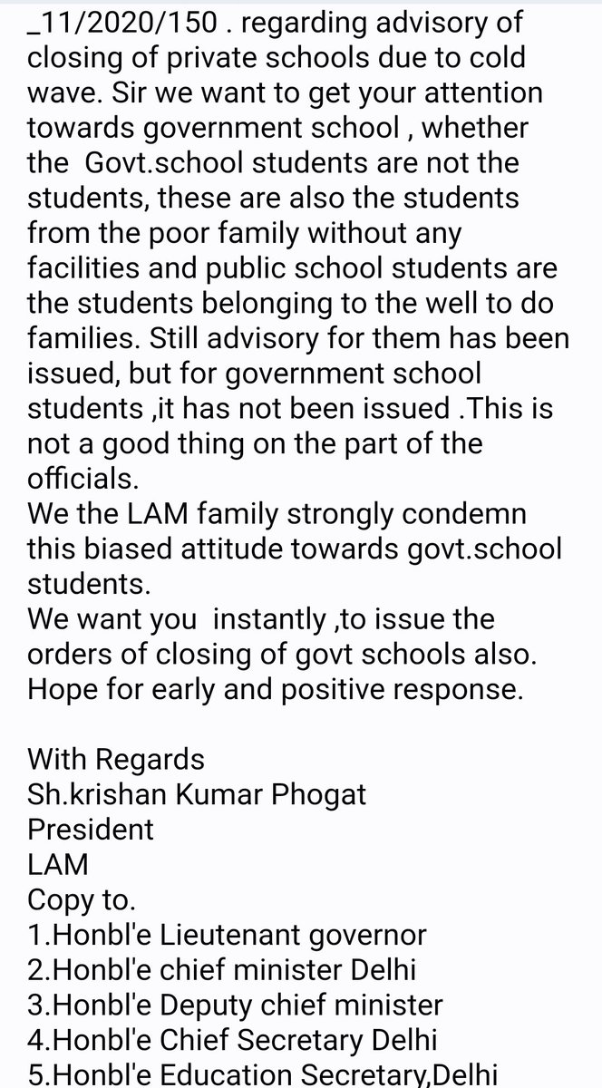 KrishanPhogatt's tweet photo. To
The Director
DOE,GNCT
New Delhi
8th January 2023
Subject:-Regarding  not issueing of Advisory of cold wave for Govt. School.
Respected sir
It is in response of order https://t.co/u2SnW6TqmS.,15(305)/PSB/PF.FILE _11/2020/150.regarding advisory of closing of private schools due https://t.co/Uagv9OrvBg