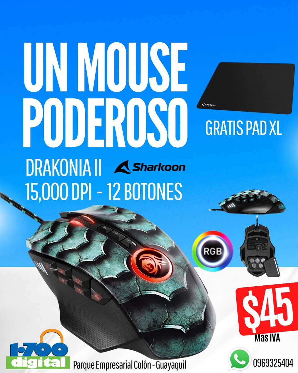 Mouse Poderoso con 12 botones, 15,000 DPI...
🏢 1-700 Digital S.A. Parque Empresarial Colon, local 4. Frente a Produbanco. Urdesa Norte, Guayaquil.

📞Whatsapp wa.me/593969325404

🚗Envios por Servientrega
