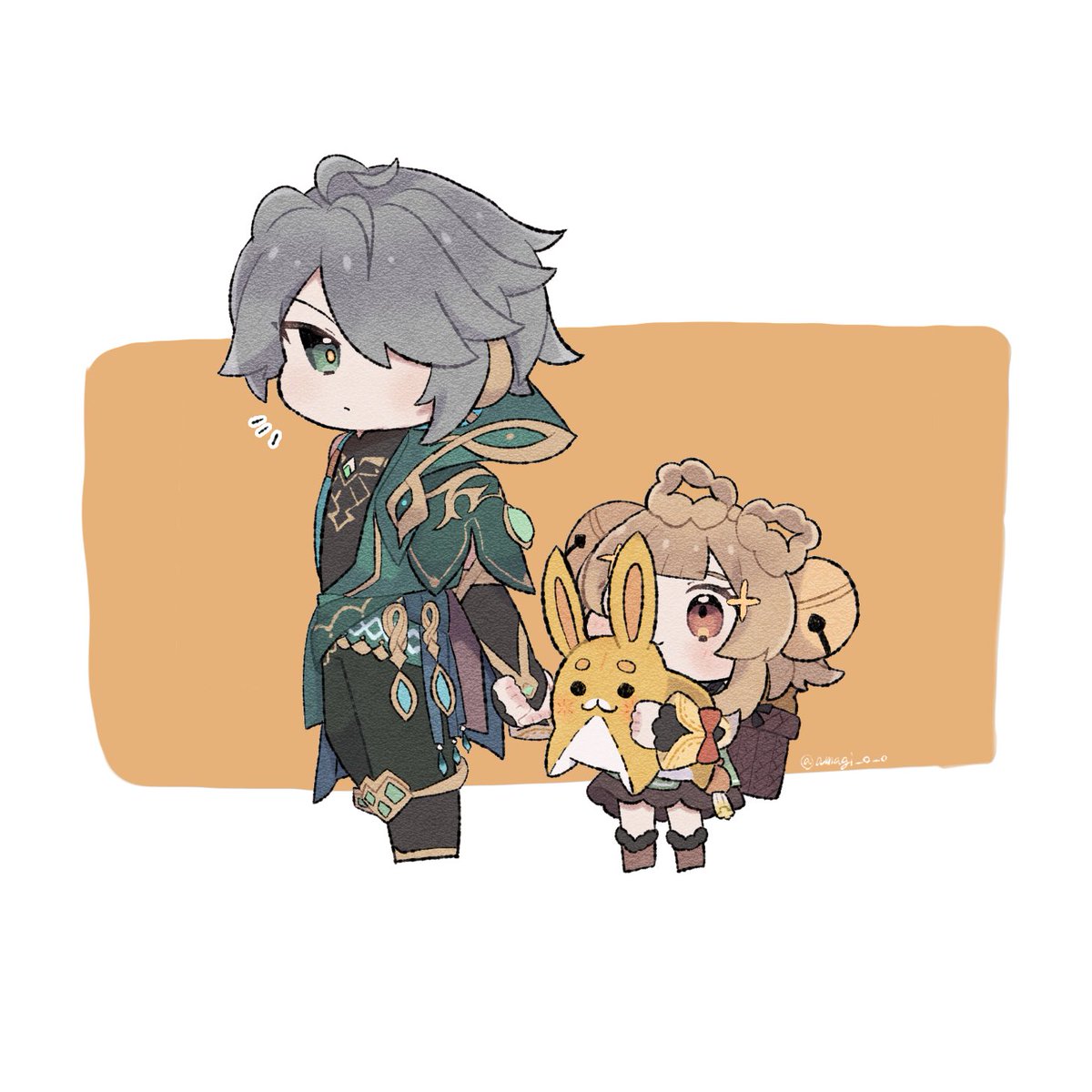 1girl 1boy grey hair bangs hair over one eye hair ornament chibi  illustration images