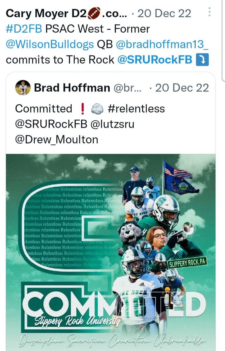 #D2FB PSAC West 

<a href="/SRURockFB/">Slippery Rock Football</a> finished the 2022 season at #15 in the <a href="/D2Football/">D2Football</a>
Top 25. 

The Rock, who had the #1 D in the PSAC in 2022, has already added some big pieces for 2023 with LB <a href="/kudla_kyle/">Kyle Kudla</a> LB <a href="/AndrewVince_10/">Andrew Vince</a> &amp; DE <a href="/Aholler54/">Aeden Holler</a> 

On Offense, QB <a href="/bradhoffman13_/">Brad Hoffman</a> was added.