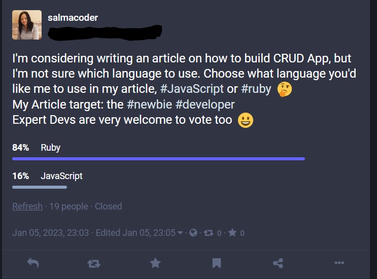 Based on the voting results, my next article/tutorial will focus on building #CRUDApps using #rubylang and #rubyonrails. Stay tuned ✍️😀