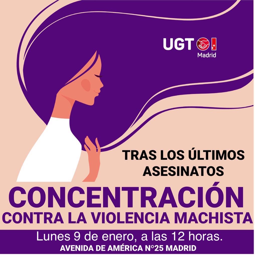 IgualdadUgt's tweet photo. #UGTMadrid, nos concentramos el 9 de enero en la puerta de nuestra sede, para condenar los últimos asesinatos por #ViolenciaMachista, tres mujeres ha sido asesinadas en las últimas horas y 1.185 desde el año 2003#ViolenciaDeGénero https://t.co/l6kSjT6AhC