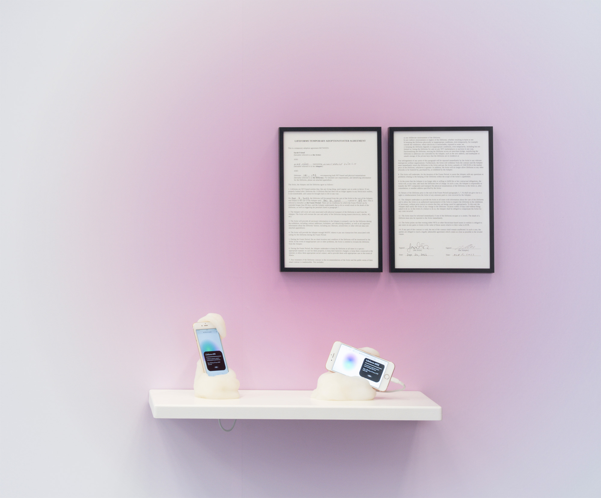 Two lifeforms sculptures on iphones with custom made white silicone cases sitting on a shelf. On the wall behind them is are two printed A4 frames - it's an adoption contract, but the text is too small to read