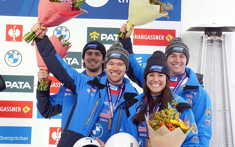 USA_Luge's tweet photo. The USA Relay (@TuckerWest1,@ecsluge Zack DiGregorio &amp; Sean Hollander) bronze in Sigulda! West 10th in men’s singles. Jonny Gustafson crashed &amp; lost a piece of his sled, a DQ. @SaintGobainNA @DowSports @USVentureInc @WhiteCastle  https://t.co/JgAxqxcMZc https://t.co/sALi5KNMcn