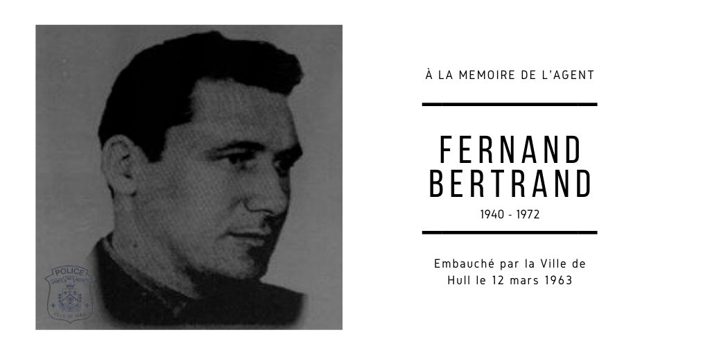 PoliceGatineau's tweet photo. 🕊️ Rappelons nous de l'agent Bertrand qui est mort en devoir à 31 ans dans la nuit du 8 janvier 1972, atteint mortellement à la tête par l'arme à feu d'un suspect qui venait d'être arrêté.
Gardons en #mémoire son souvenir.
#SPVG #Gatineau #hommage #FallenHero https://t.co/WHnU1dBNdZ