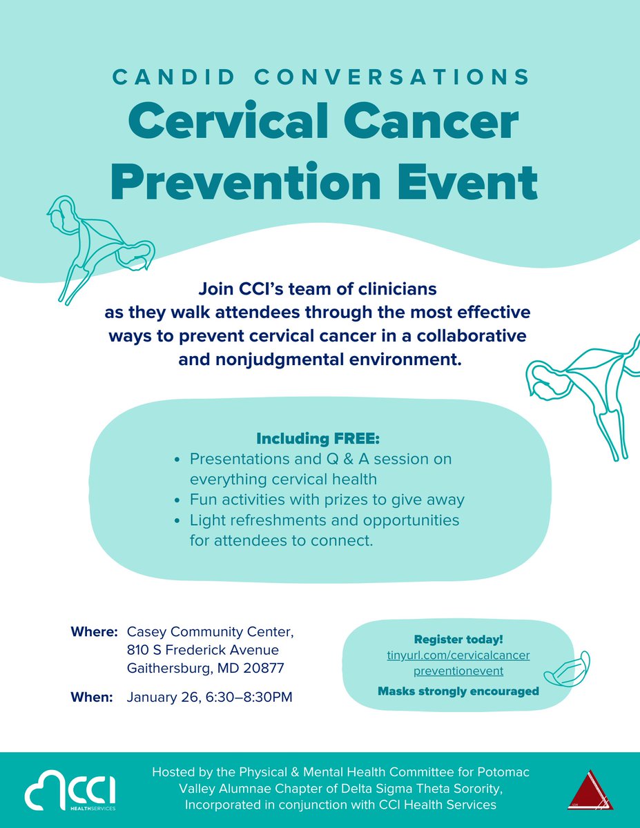 DSTPVAC's tweet photo. CCI Health Services, in partnership with the Potomac Valley Alumnae Chapter of Delta Sigma Theta Sorority, Incorporated invites Montgomery County residents to attend a FREE presentation and workshop on cervical cancer in honor of #CervicalCancerAwarenessMonth https://t.co/CzLXsPiM7t