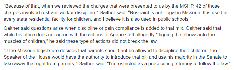 ExposingAgape's tweet image. This is #TyGaither's excuse why he dropped so many charges against #AgapeBoardingSchool staff and lowered the ones he did charge so low. This is the same excuse my dad, Bill Harper, used to justify transporting kids to abusive schools. #ParentsChoice. Sound familiar?#SchoolChoice