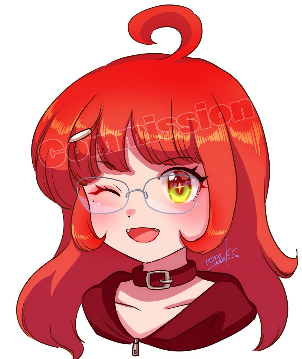 1girl one eye closed solo glasses ahoge red hair fangs  illustration images