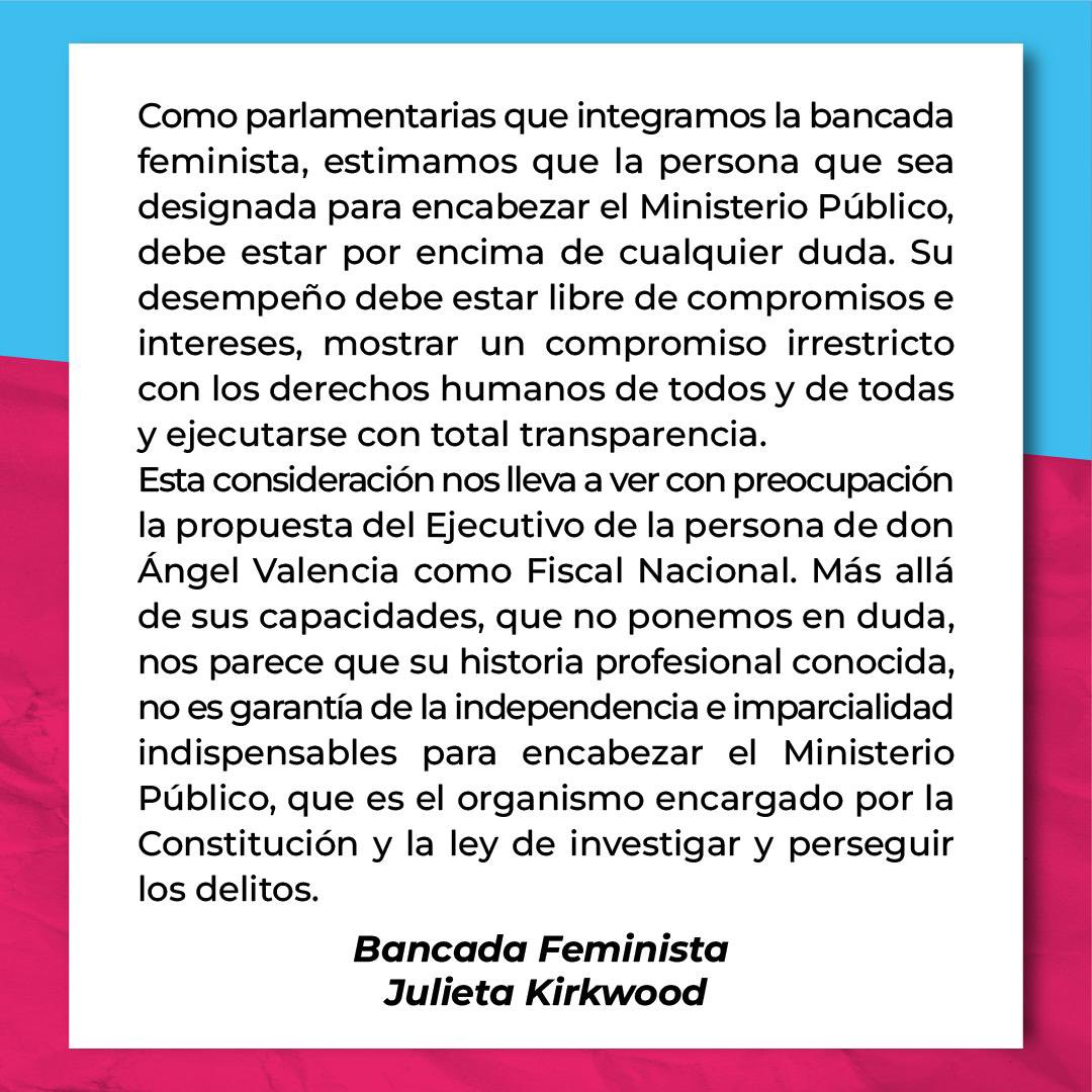 LorenaPizarroS's tweet image. Suscribo esta declaración de la bancada feminista, a la cual pertenezco: el historial de Ángel Valencia, su defensa a personas implicadas en violaciones a los DD.HH. y sus cercanos nexos con la élite política son razones sólidas para no compartir su postulación a fiscal nacional.