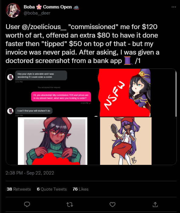 JacyNinja's tweet photo. Hey heads up fellow artists... @__Sweet_Pea_  Is a patheic piece of shit scammer who was willing enough to fucking trick a disabled person for free art. 

They edit a screenshot of your invoice and pretends they've paid for it. Theyre known to make alts as well. So please beware. https://t.co/vOgFw6u90G