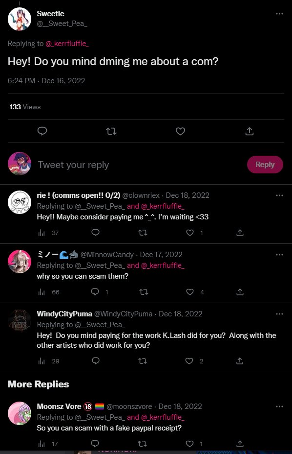 JacyNinja's tweet photo. Hey heads up fellow artists... @__Sweet_Pea_  Is a patheic piece of shit scammer who was willing enough to fucking trick a disabled person for free art. 

They edit a screenshot of your invoice and pretends they've paid for it. Theyre known to make alts as well. So please beware. https://t.co/vOgFw6u90G