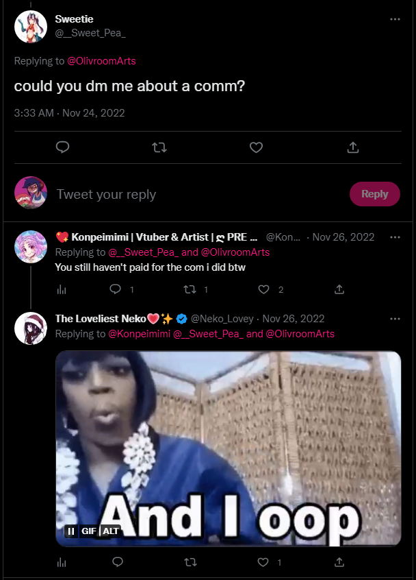 JacyNinja's tweet photo. Hey heads up fellow artists... @__Sweet_Pea_  Is a patheic piece of shit scammer who was willing enough to fucking trick a disabled person for free art. 

They edit a screenshot of your invoice and pretends they've paid for it. Theyre known to make alts as well. So please beware. https://t.co/vOgFw6u90G