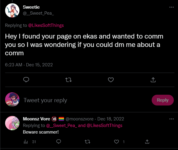 JacyNinja's tweet photo. Hey heads up fellow artists... @__Sweet_Pea_  Is a patheic piece of shit scammer who was willing enough to fucking trick a disabled person for free art. 

They edit a screenshot of your invoice and pretends they've paid for it. Theyre known to make alts as well. So please beware. https://t.co/vOgFw6u90G