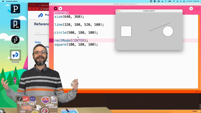 Same bearded man from 2023 standing in front of a screen showing a Processing 4 code editor. Code draws a rectangle, line, and circle.