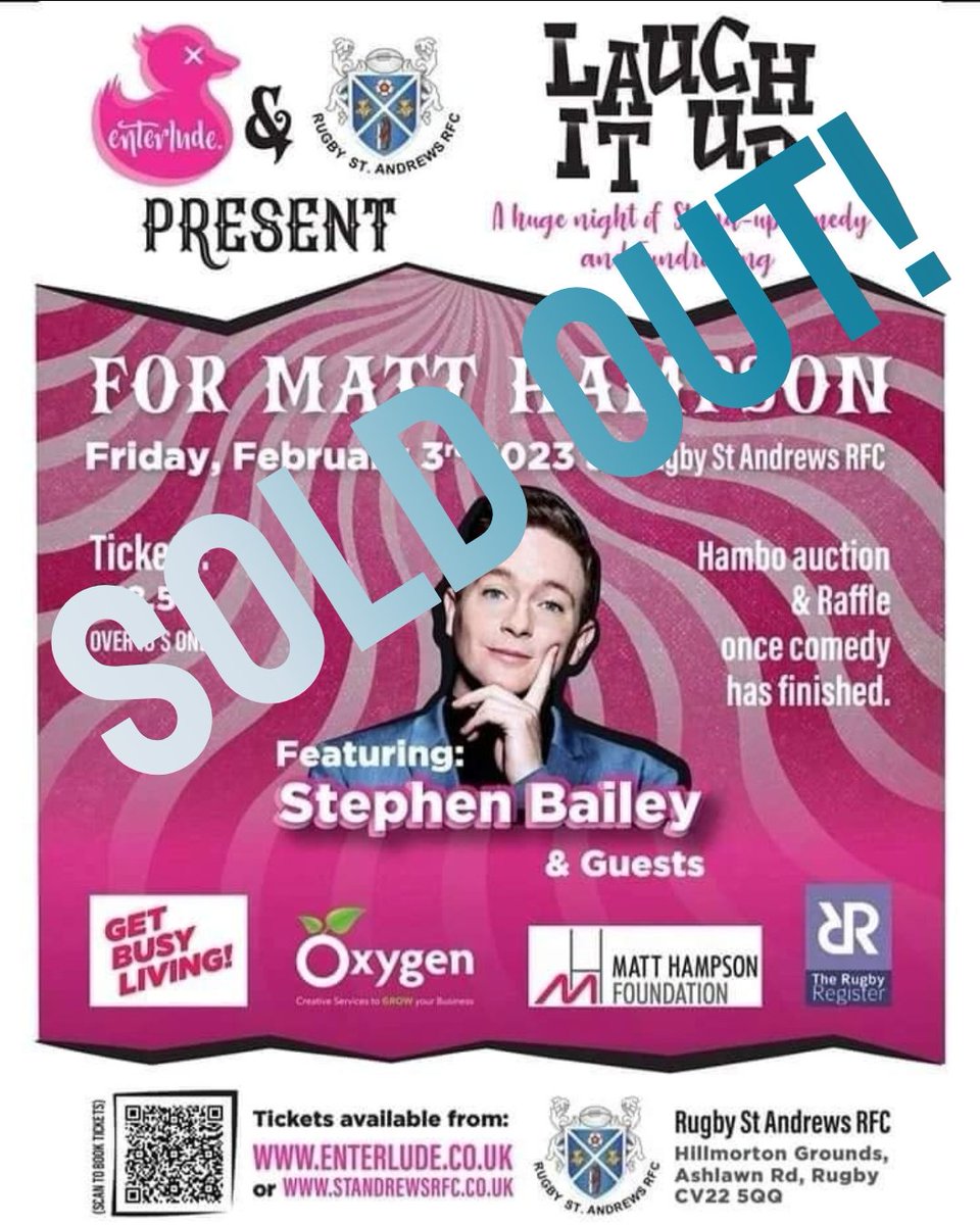 LAUGH IT UP COMEDY NIGHT &amp; AUCTION FOR <a href="/Hambofoundation/">Matt Hampson</a> ON FEB 3RD HEADLINED BY <a href="/stephencomedy/">Stephen Bailey</a> at <a href="/StAndrewsRFC/">Rugby St Andrews RFC</a> IS NOW SOLD OUT!!
We can't wait to see you all there!
Thanks for your support!
#laughitup #stephenbailey #matthampsonfoundation 
#getbusyliving #OxygenGraphics