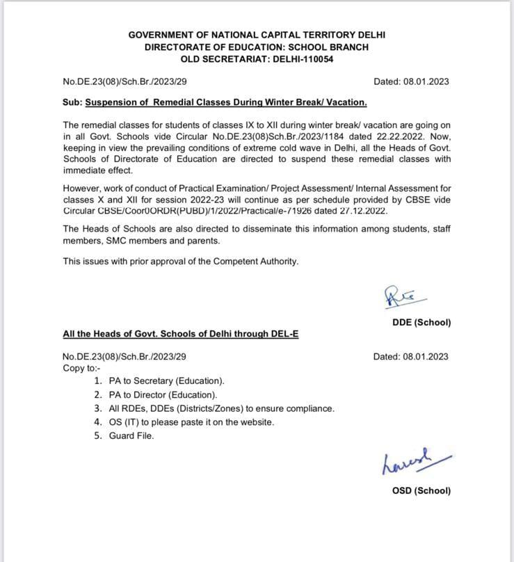 Directorate of Education, Govt of Delhi suspends remedial classes during winter break/vacation for students of classes 9 &amp; 12 in all govt schools with immediate effect. Practical Exam/Project Assessment/Internal Assessment for classes 10 &amp; 12 will contimnue as per schedule.