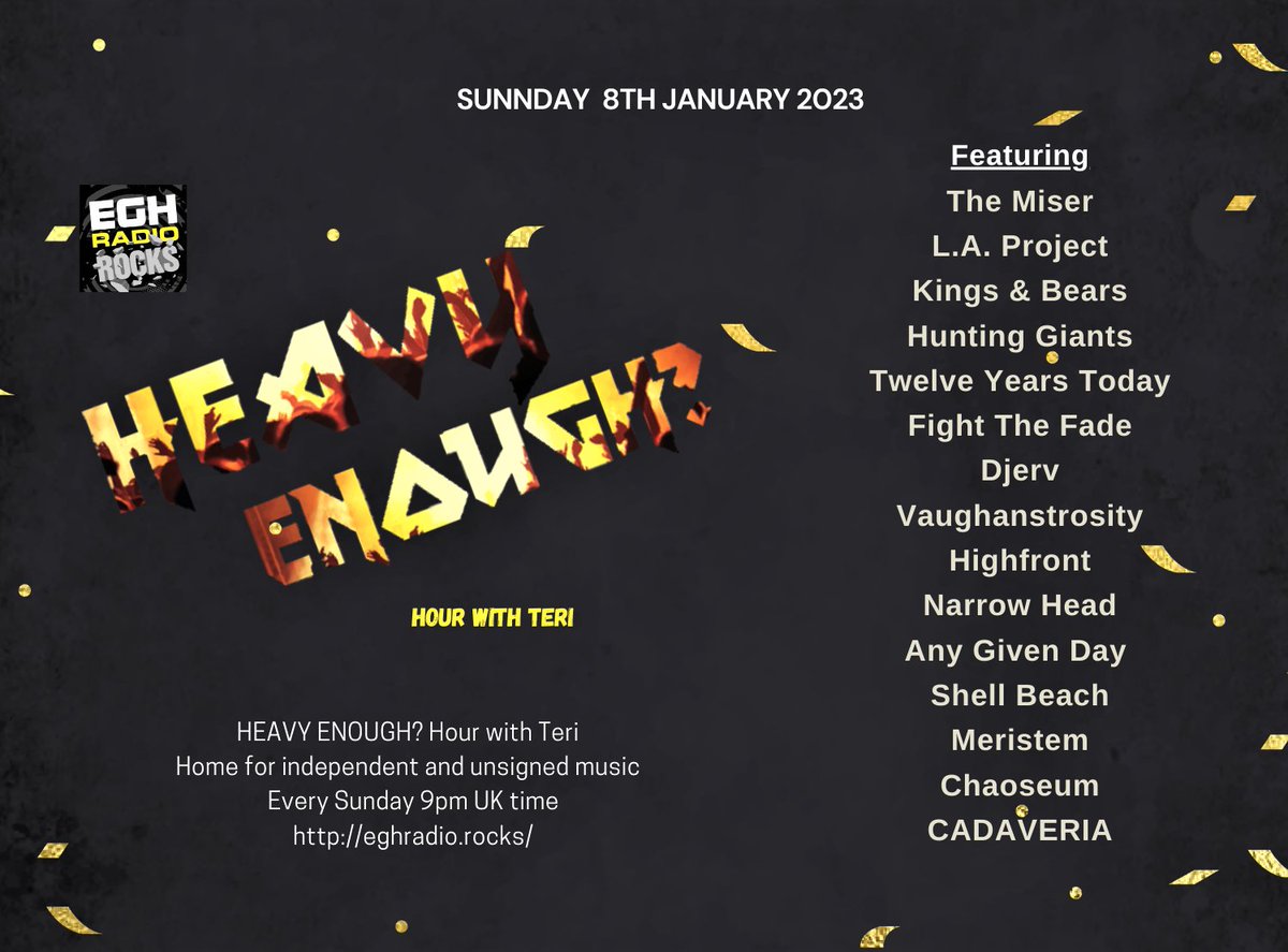 MusicMattersTee's tweet photo. Today 9pmUK 4pmEST #TuneIn @EGHRocks #HeavyEnough?Hour
#ListenHere
⇒https://t.co/aQGYmXtSH9
You'll hear the great new music from-
#TheMiser #LAProject @kings_bears @HuntingGiants @twelveyearsband @FightTheFade @DjervMusic +more
Info:https://t.co/ivr7EnJbZH
#NewMusicAlert https://t.co/lpz15Zcqv6