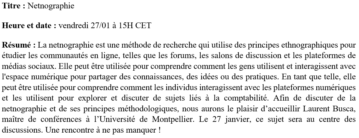 Prochaine session du groupe de discussion 
Sujet : Netnographie 
Avec @laurentbusca  
 
Afrique/UE : 27 janvier 15:00 (CET)
Québec : 27 janvier ; 9:00 (EST)
Lien en MP ! @csearUK @MtpManagement @ESCClermont @AARNetwork