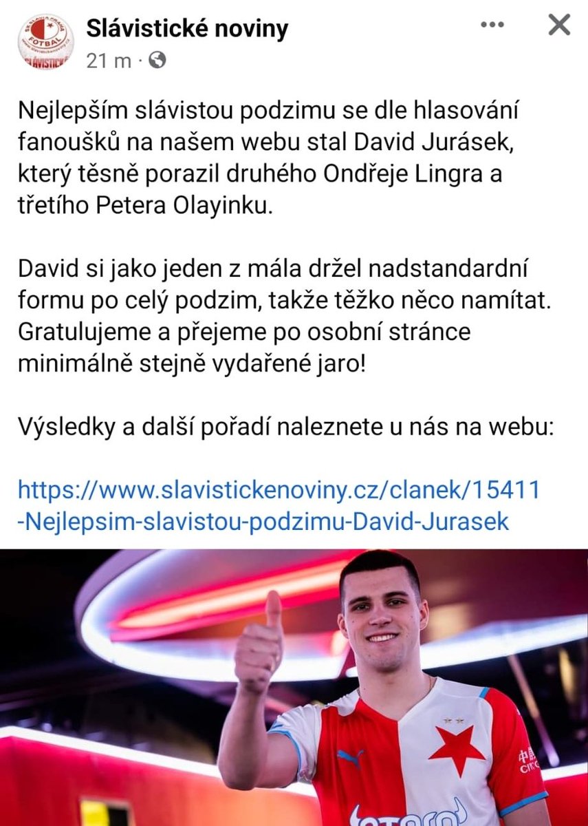 FootballMechan2's tweet photo. David Jurásek byl v hlasování vyhodnocen příznivci jako Slávista podzimu.
Jeho vzkaz všem fanouškům Slavie: "Děkuji, moc si toho vážím a pokusím se důvěru splatit svými výkony na jaře."
#zivotjefabrikanasplnenyprani https://t.co/o2jAYCl1du