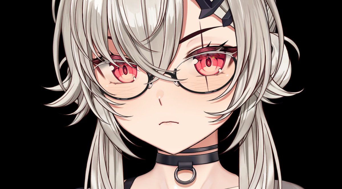1girl solo glasses red eyes black background choker looking at viewer  illustration images