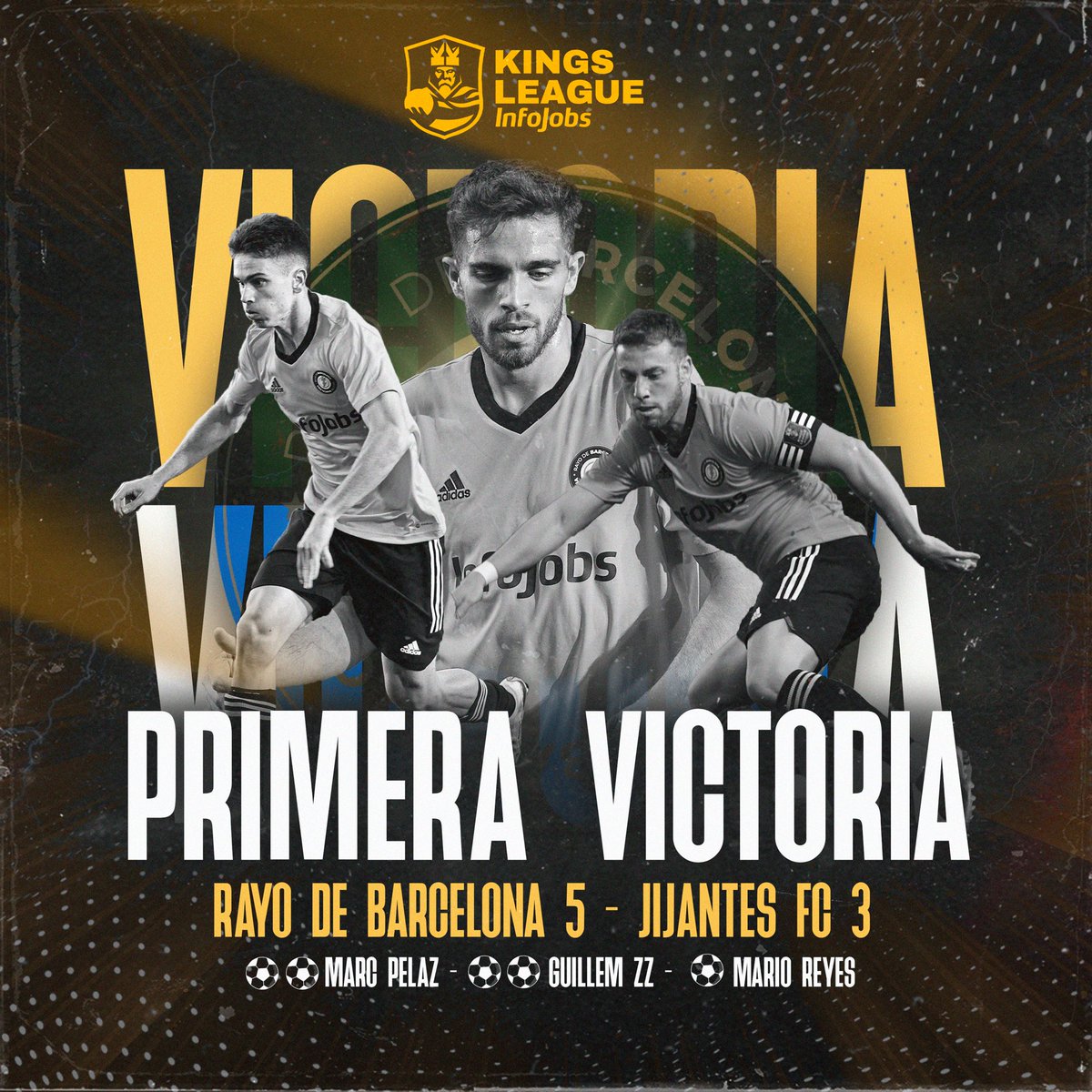 RayodeBarcelona's tweet photo. Llegó nuestra primera victoria en la Kings League. 💛🖤

Gracias a toda nuestra afición por confiar en nosotros, esto es vuestro. 

¡VAMOS RAYO! ⚡️ #LosVillanos 🦹🏻‍♂️ https://t.co/NeFhb7upe0