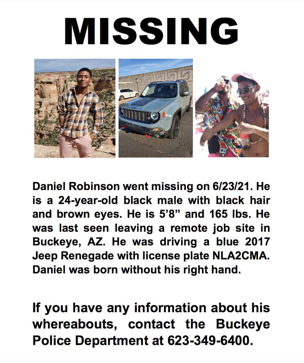 It is unclear if the remains are Daniel’s and he is still considered #missing at this time. Please continue to raise awareness about his disappearance. If you have any info ☎️ Buckeye PD 623-349-6400. You may remain anonymous. 5/5 #DanielRobinson #HelpFindDanielRobinson