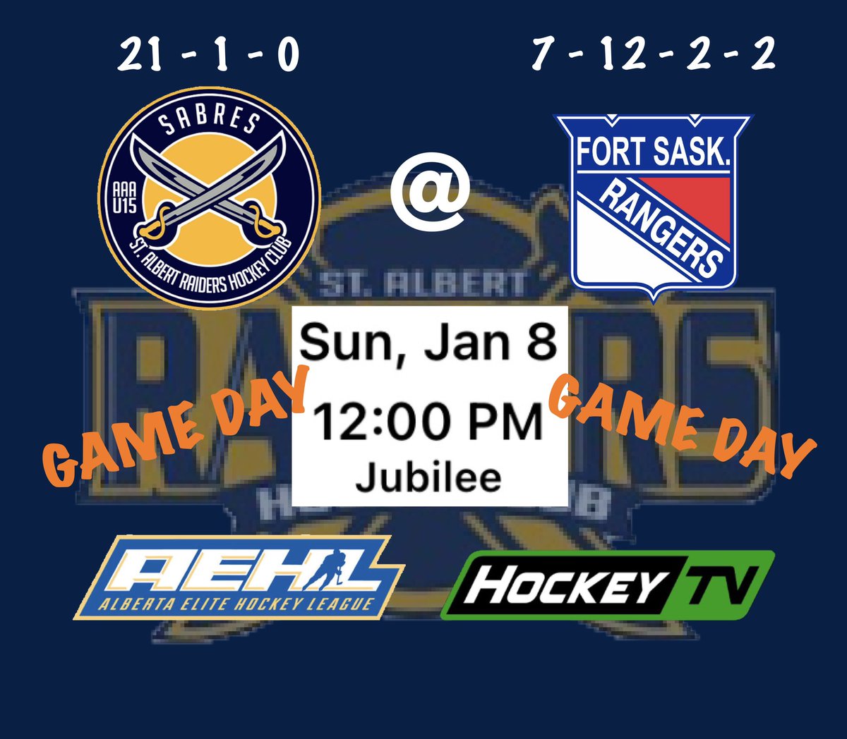 #U15AAAsabres pay a visit to @RAC_U15_AAA for a noon game @ Jubilee Arena. You can watch it live @MyHockeyTV or keep it here for live game action tweets. See you at noon. @RaidersStAlbert @Hockey_StA