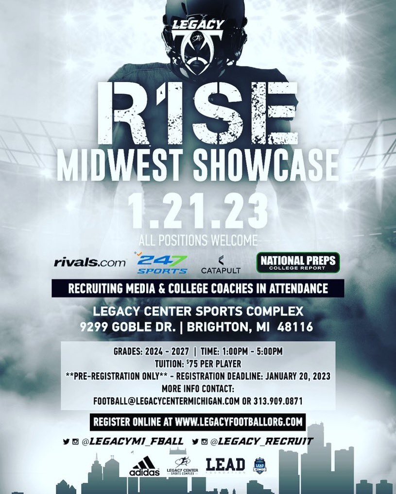 LegacyMI_FBall's tweet photo. ⚠️MARK YOUR CALENDARS⚠️
January 21st, 2023!!
Come complete with the top talent in the Midwest and R1SE to the top!
#Legacy #jointhemovement https://t.co/XANeG43W0Y