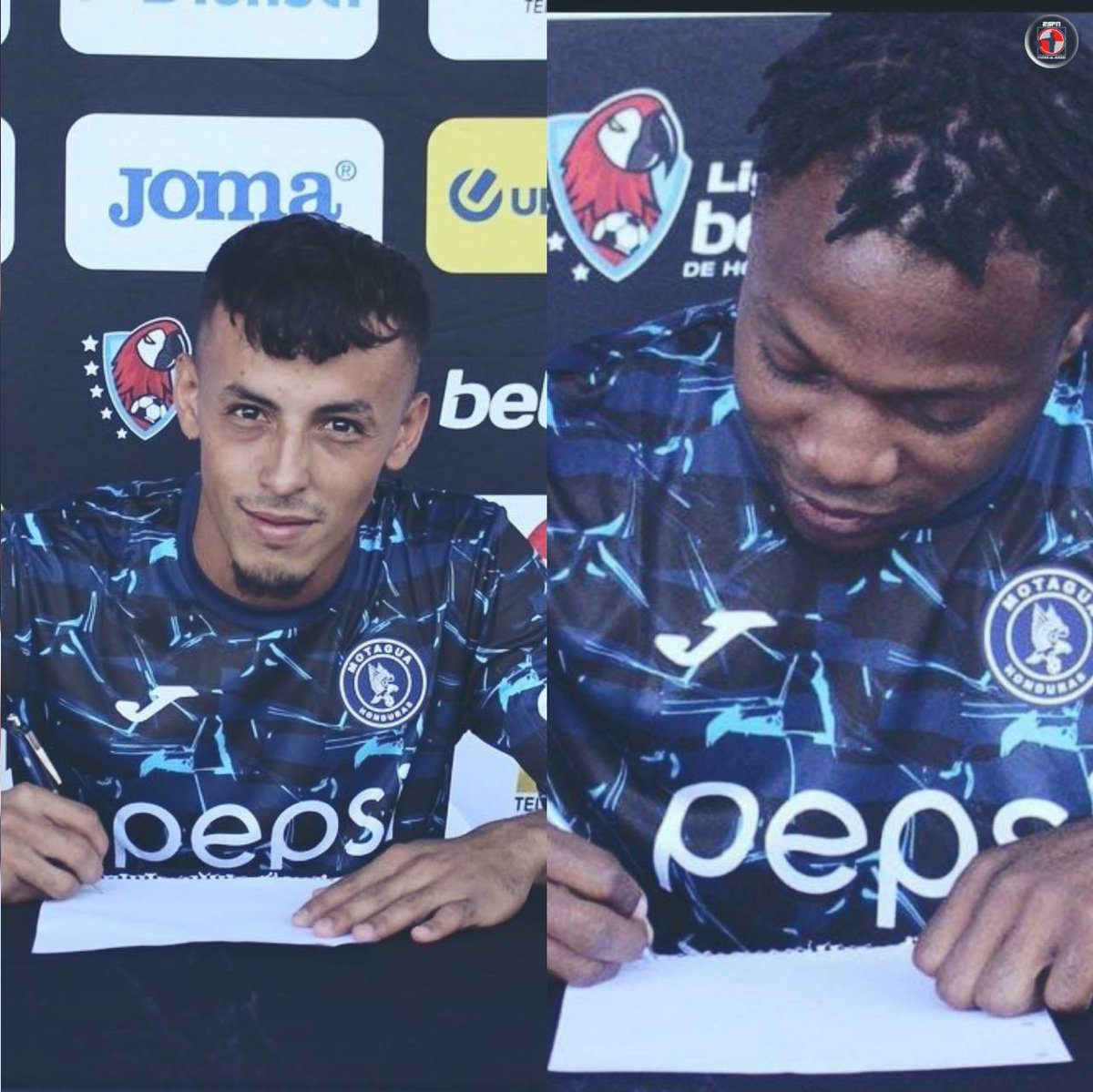 ESPN_FDJ's tweet photo. 😳 Así como lo ven. 

El Motagua de Honduras presentó a dos de sus refuerzos FIRMANDO UNA HOJA DE CUADERNO. https://t.co/LkgelZeW0k