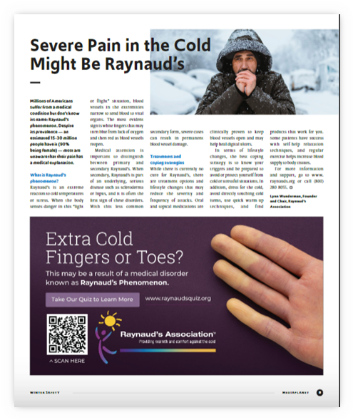 raynaudsorg's tweet photo. Glad to see Raynaud's featured in USA Today's Winter Wellness insert.  Too bad they used a guy's photo talking about the condition when 90% of sufferers are women.  Guess they can't read their own copy!  The article and our ad are on page 9.  https://t.co/vZXIzUt5Tu #raynauds https://t.co/2fbHKXJMCv