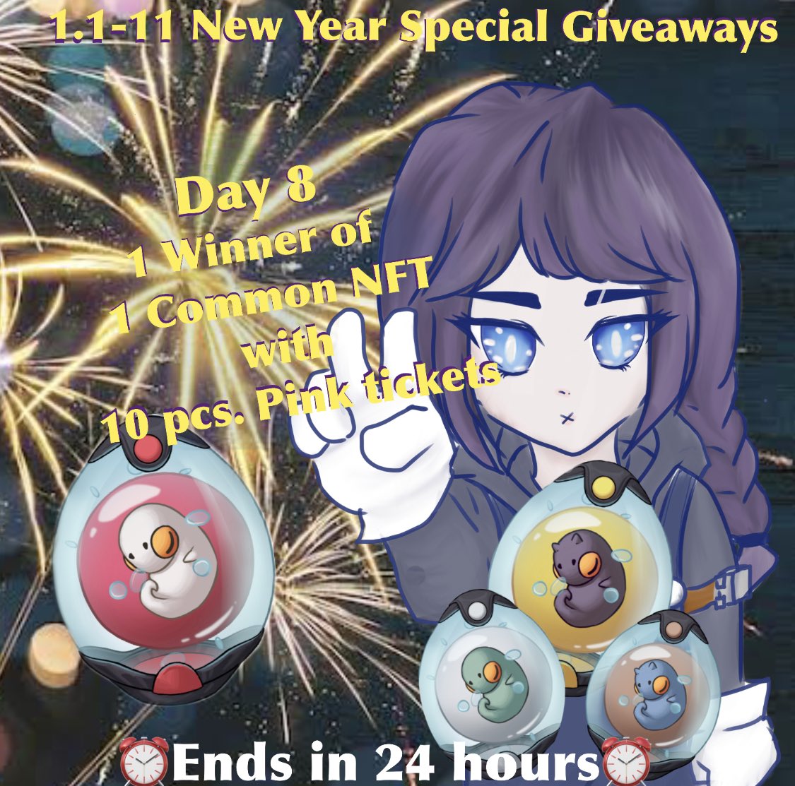 1.1-11 #NewYear Special #NFTGiveaways 🎉

✨Day 8 Prize✨
🥇1 Winner of 1 #Common #NFT with #PinkTickets! 🎟

✅ Follow the 📌 Pinned tweet✨
✅Subscribe to my #Youtube Channel:
📺➡️m.youtube.com/c/FrosteriaFra…
✅ Post your screenshots below⬇️ 

#NFTGame

3 #raffle prizes left! 👀