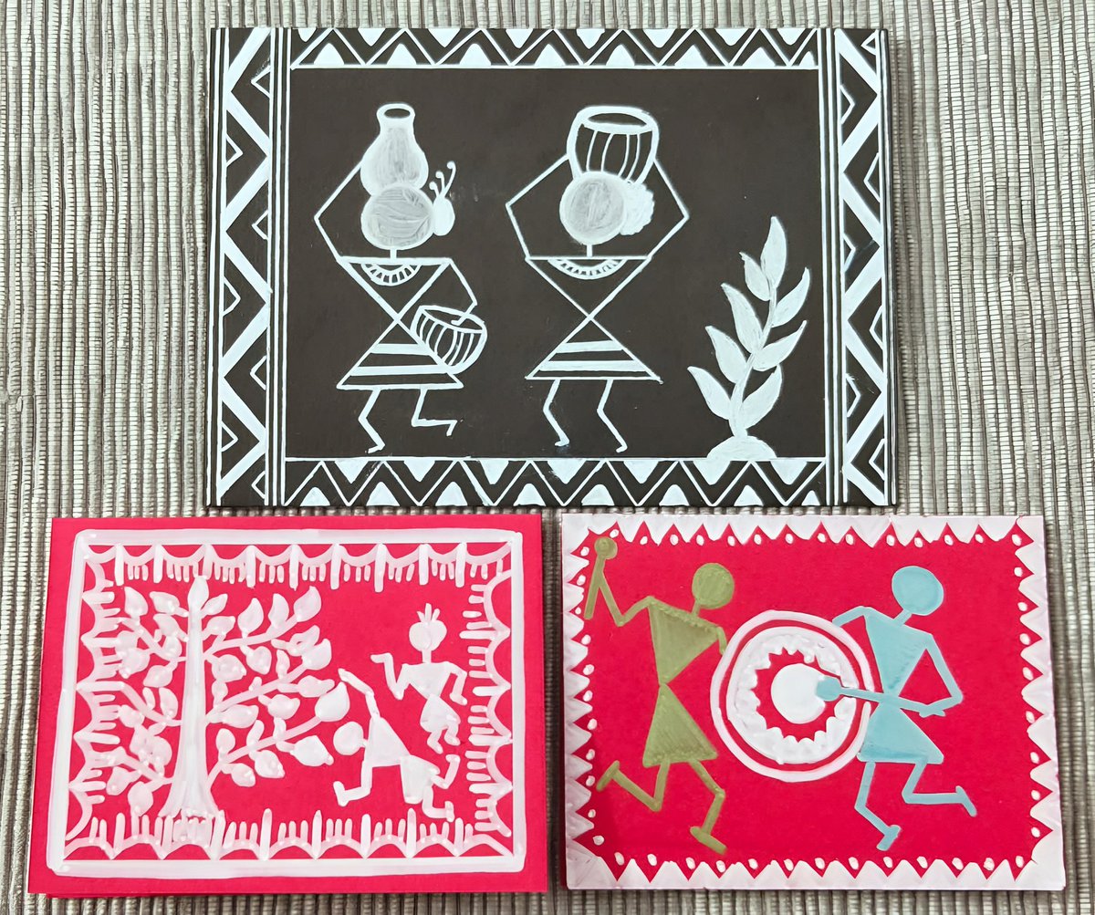 Khushbo04518679's tweet photo. #warlicreativity #painting #followtolearn #learntogrow 
Warli painting is simple and linear, with maximum use of triangular shapes.They draw inspiration from every life for their themes. https://t.co/VY0nYqURPr