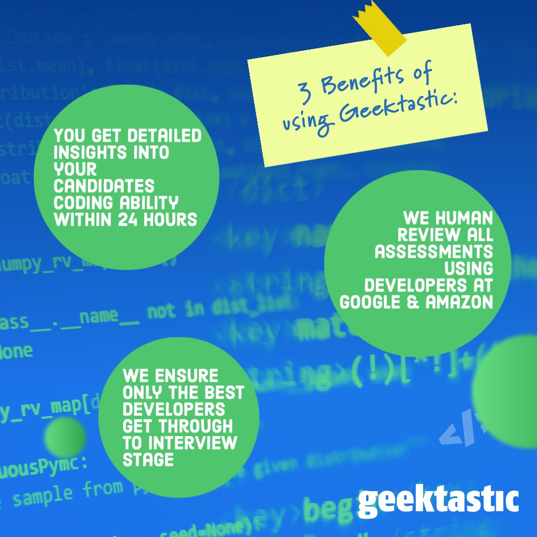 Geektastic_Code's tweet image. We've outlined three benefits to using Geektastic's unique technical assessments when you hire developers. Contact us today to see how we can revolutionise your recruitment process. #technicalassessments #recruitment #developers geektastic.com