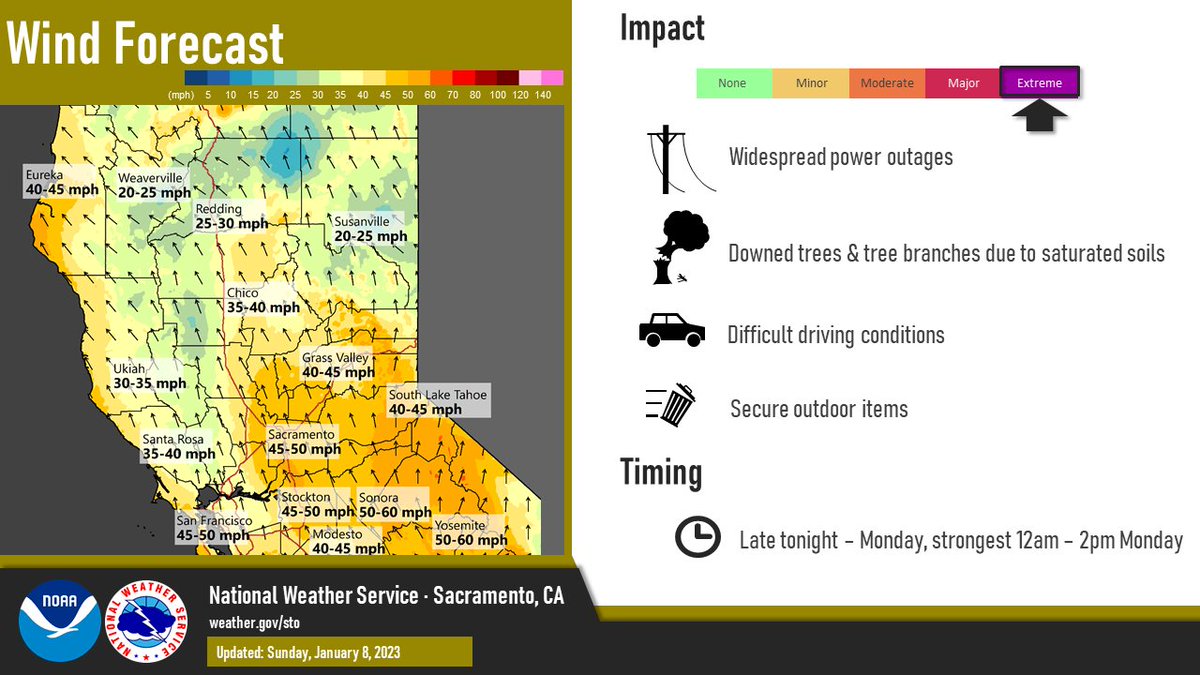 NWSSacramento's tweet image. Damaging winds will return again later this evening through tomorrow as the next winter storm arrives to interior #NorCal.

Widespread power outages, downed trees and difficult driving conditions will be possible.

Secure your loose outdoor items! 

#CAwx