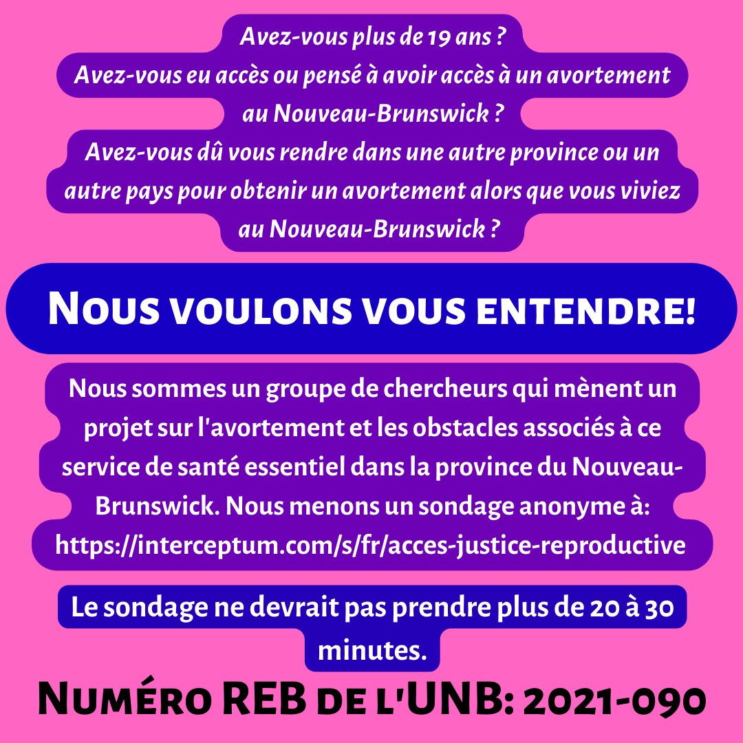 3/3 Information sur l'approbation éthique : Cette recherche a été évaluée par le comité d'éthique de la recherche de l'UNB et figure au dossier sous le numéro REB 2021-090. Le REB de l'UNB est disponible à l'adresse ethics@unb.ca.