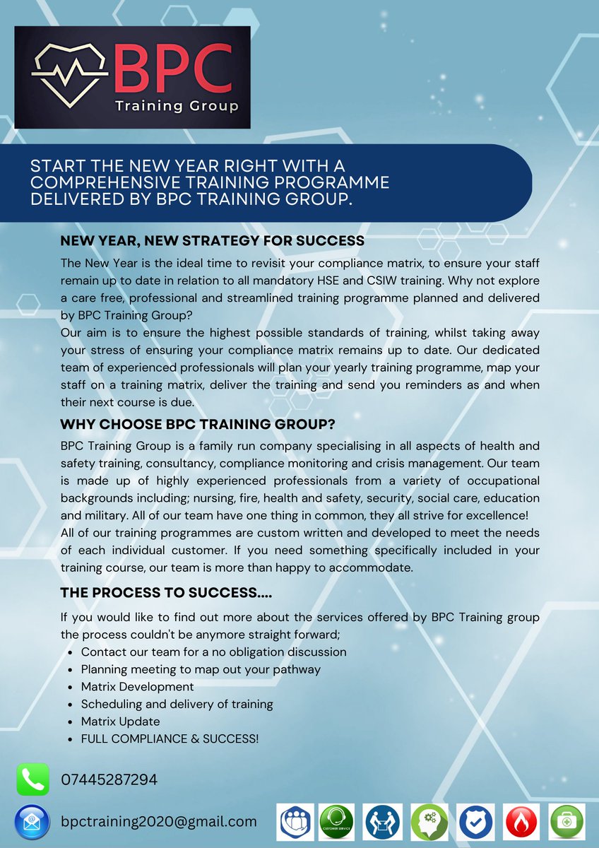 GroupBpc's tweet image. The new year is the ideal time to revisit your training matrix and lay out your training programme for the next 12 months. Why not let us help you. Get in touch for more info!
#training #refresh #trainingcourse #traininganddevelopment #newyear2023 #upskillyourself #carehomesuk