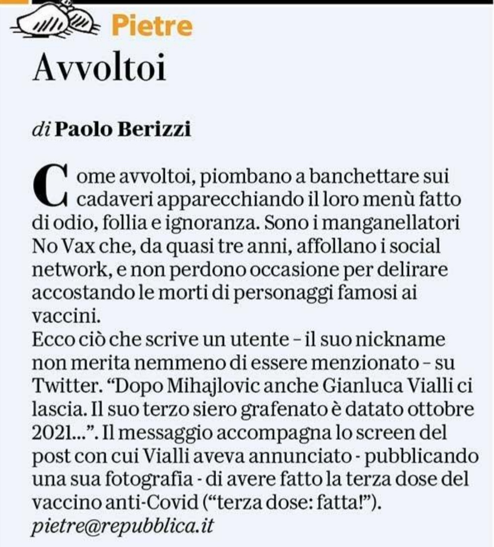 I novax che banchettano sul cadavere di Gianluca Vialli. La ferocia e l'infamia. Ci sono esseri umani che meritano l'estinzione.

#Pietre
<a href="/repubblica/">Repubblica</a>