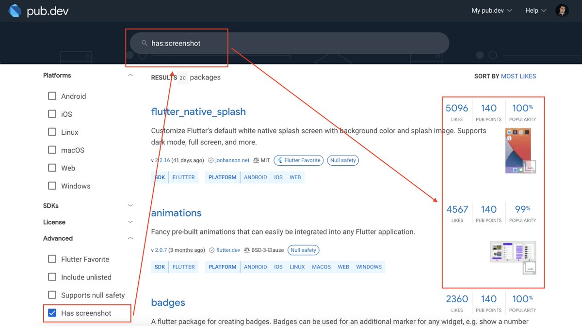 levcodes's tweet image. Did you know that you can filter packages with screenshots on pub.dev?

👉 pub.dev/packages?q=has…

#flutter #dart #pubdev @FlutterDev @dart_lang