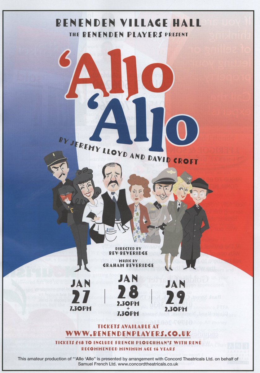 Listen very carefully…
'Allo 'Allo celebrates its 40th anniversary with a live café-style show in Benenden Village Hall with a French Ploughmans supper (27-29 January). Tickets: benendenplayers.co.uk. #benenden #villagepanto #alloallo