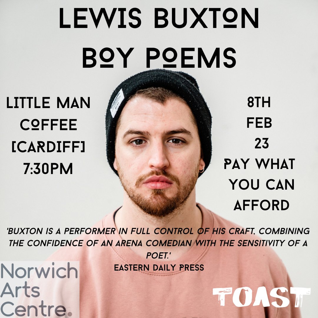 Lewis Buxton (@lewisbuxton93) on Twitter photo Hello Wales.
I am bringing my show 'Boy Poems' to Cardiff. It's an hour of story telling, poetry & jokes about boys, balls & break downs. It's funnier than it sounds.
<a href="/littlemancoffee/">Little Man Coffee</a> | 7:30pm | Pay What You Can Afford | 8 February 23
tickettailor.com/events/toast/8… Hello Wales.
I am bringing my show 'Boy Poems' to Cardiff. It's an hour of story telling, poetry & jokes about boys, balls & break downs. It's funnier than it sounds.
<a href="/littlemancoffee/">Little Man Coffee</a> | 7:30pm | Pay What You Can Afford | 8 February 23
tickettailor.com/events/toast/8…