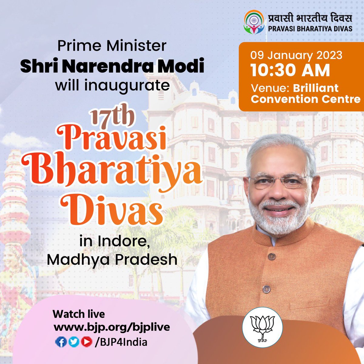 Prime Minister Shri <a href="/narendramodi/">Narendra Modi</a> will inaugurate the 17th Pravasi Bharatiya Divas on 09 January 2023.

Watch live:

📺x.com/BJP4India
📺facebook.com/BJP4India
📺youtube.com/BJP4India
📺bjp.org/bjplive