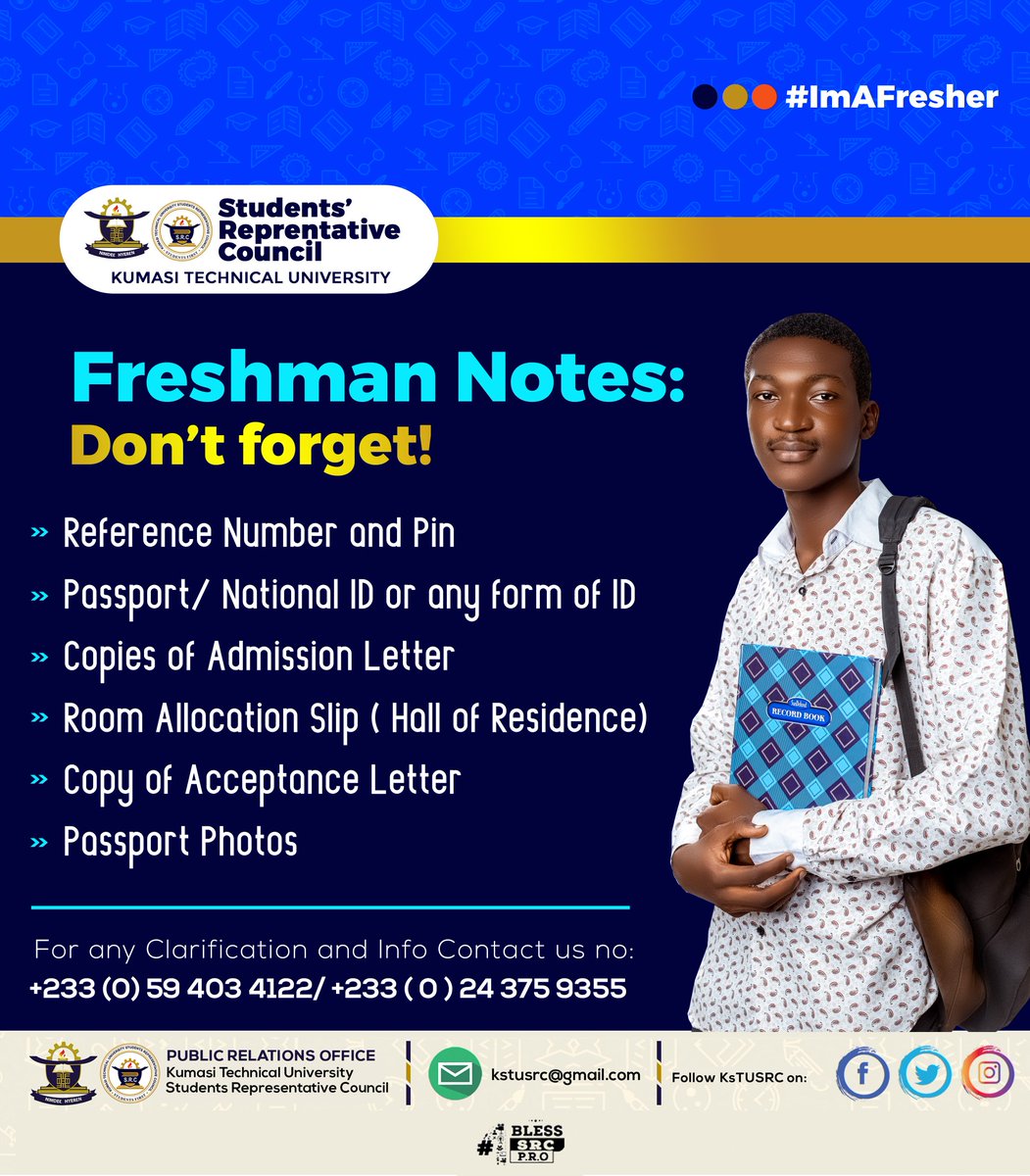 KstuSrc's tweet photo. 🚨🚨🚨QUICK NOTICE 🚨🚨🚨
Fresher are to take good notice of the things they are suppose to come along with 
PLEASE DON'T 🙏 ANYTHING 
It may delay your process 
Thank you

AWUNI BLESSING 
SRC PUBLIC RELATIONS OFFICER 
@KstuSrc @kstusrcofficiel 
#ImAFresher https://t.co/9I19CB5hBE