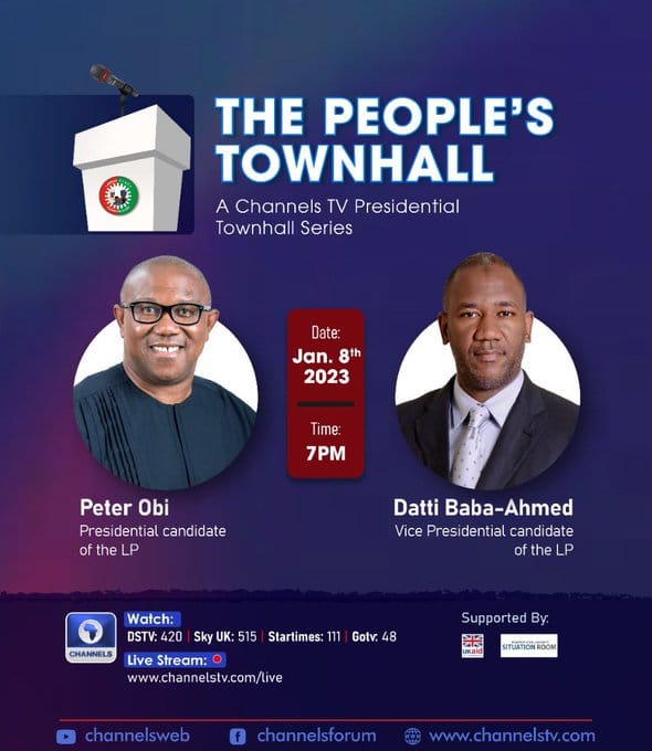 Dr. Yusuf Baba-Ahmed and I will appear on The People's Townhall on Channels TV by 7pm tonight, 8th January 2023. Please do join us; will you? - PO