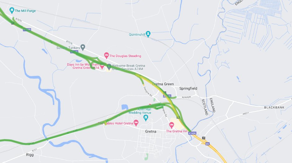 trafficscotland's tweet photo. ❗ NEW ⌚ 16.55
#A74M RTC southbound at J22 Gretna Green
Take care on approach, more updates as we get them. https://t.co/h8gL5LxM8G
