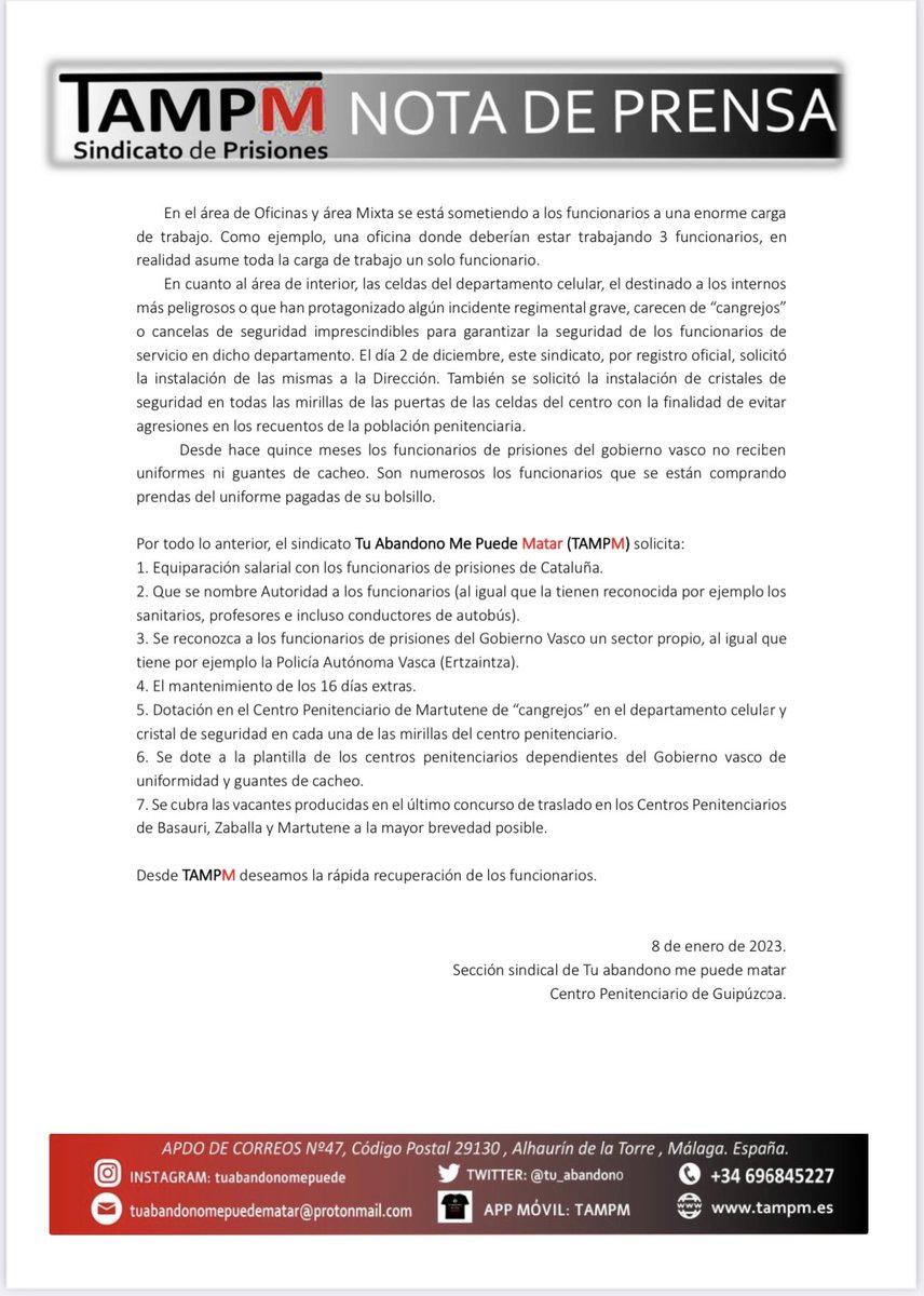 💢 Continua el CAOS en las Prisiones Vascas desde las transferencias de competencias a <a href="/Gob_eus/">Eusko Jaurlaritza - Gobierno Vasco</a> 

👉🏼 Interno Alterado en Martutene agrede a funcionario, le amenaza de Muerte al tratar de reconducirlo

<a href="/iurkullu/">Iñigo Urkullu</a> debe dotarles YA de Sector Propio y Agentes de Autoridad‼️

#TAMPM 📸