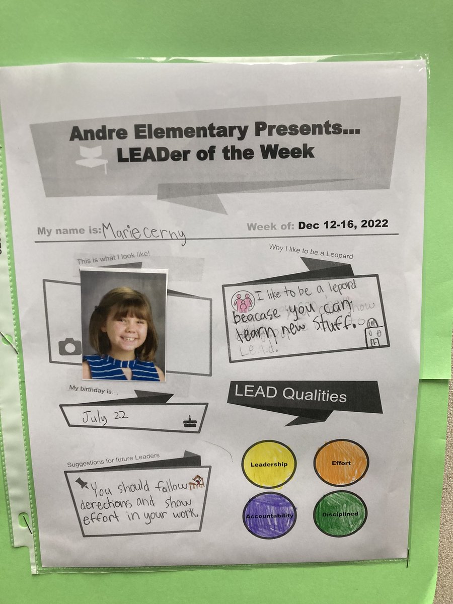CernysClass's tweet photo. So proud of my LEADer of the Week! Love how @CFISDAndre continuously recognizes students and staff. #BOTB #CFISD #LeopardLEADer #LeopardsLEADtheway https://t.co/29x8qR8Mx8