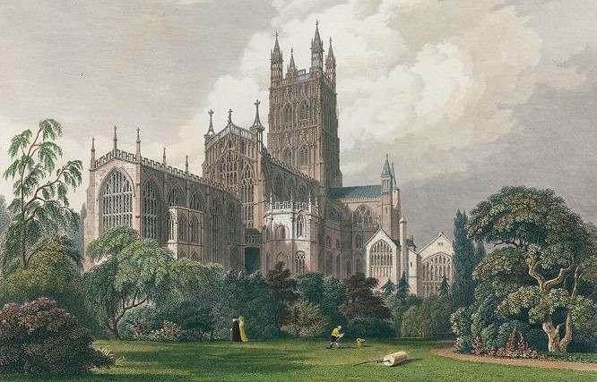 19th century image of Gloucester Cathedral, which originally appeared in John Britton's 'Cathedral Antiquities' (1828). The landscaping was begun more than 100 years earlier by the boys of King's School. Headmaster, Maurice Wheeler (1684-1712), added gardening to the curriculum!